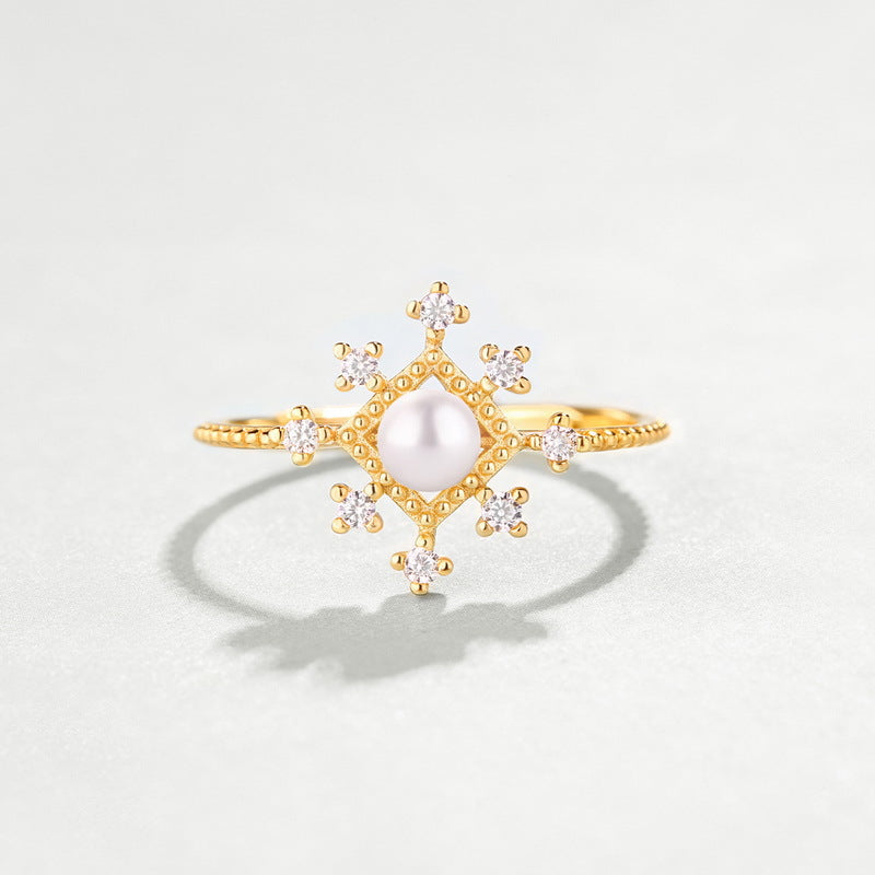 Retro Palace Style Pearl Snowflake Zircon Opening Sterling Silver Ring