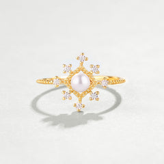 Retro Palace Style Pearl Snowflake Zircon Opening Sterling Silver Ring