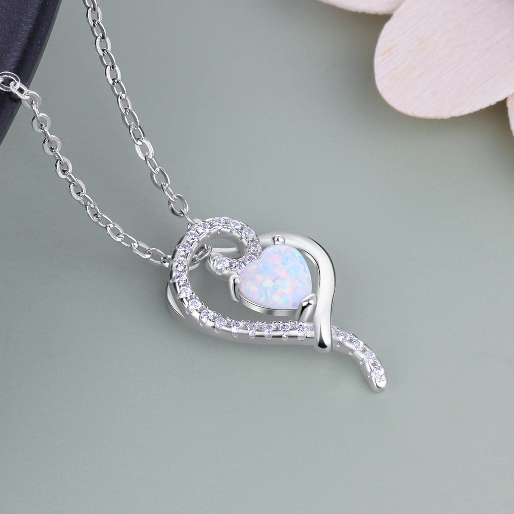 Oblique Heart Pendant with Heart Shape Opal Zircon Sterling Silver Necklace