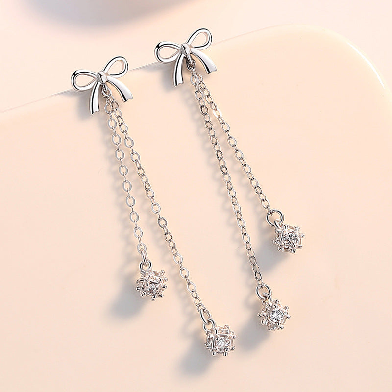 Bow with Zircon Tassels Silver Drop Earrings for Women