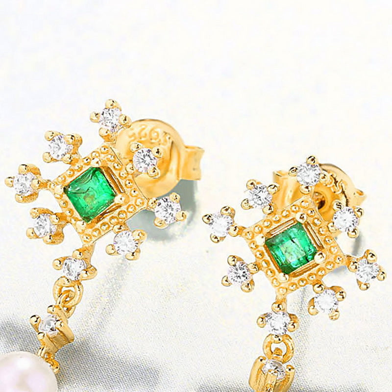 Square Emerald Zircon Snowflake Pearl Sterling Silver Drop Earrings