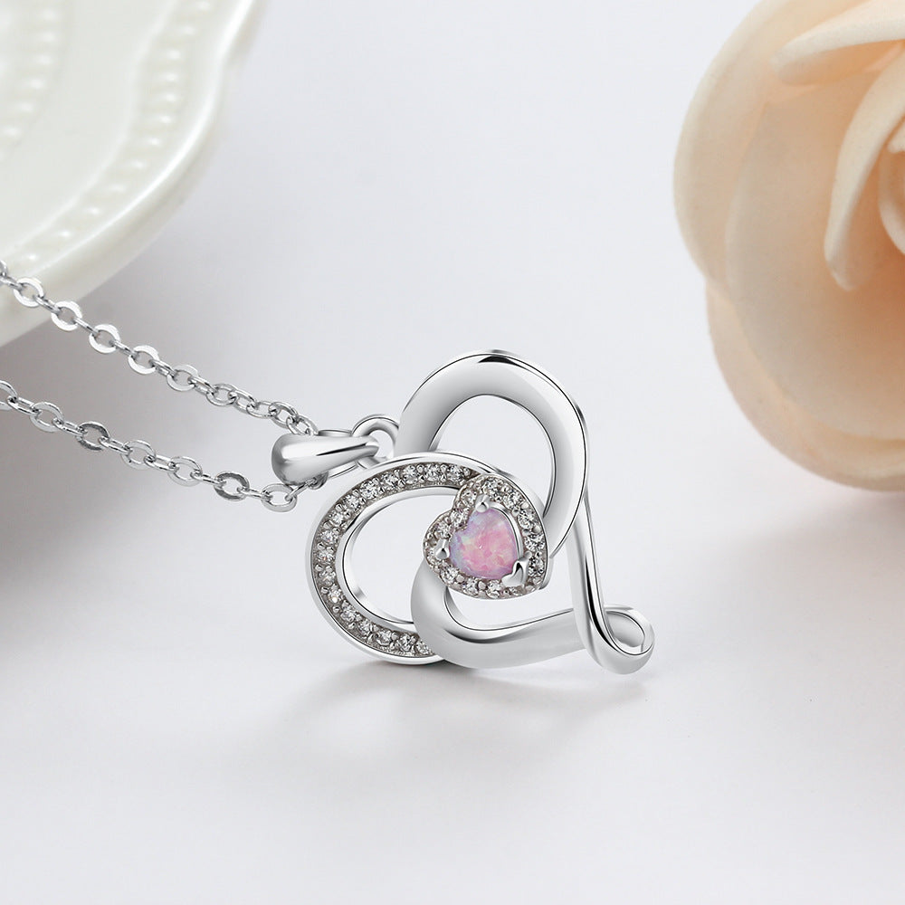 Spiral Heart Pendant with Pink Heart Shape Opal Zircon Sterling Silver Necklace