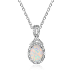 Oval Opal Soleste Halo Zircon Sterling Silver Necklace