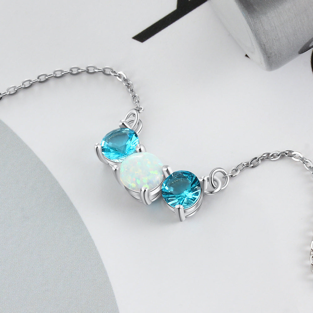 Round Opal Two Blue Zircon Sterling Silver Necklace