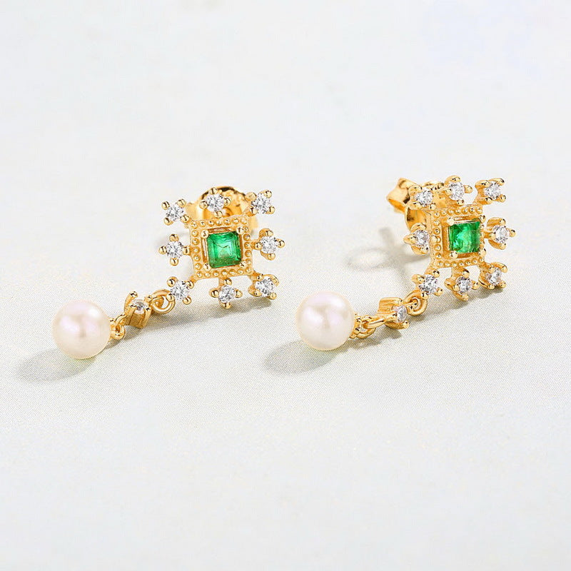 Square Emerald Zircon Snowflake Pearl Sterling Silver Drop Earrings