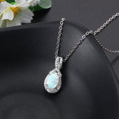 Oval Opal Soleste Halo Zircon Sterling Silver Necklace