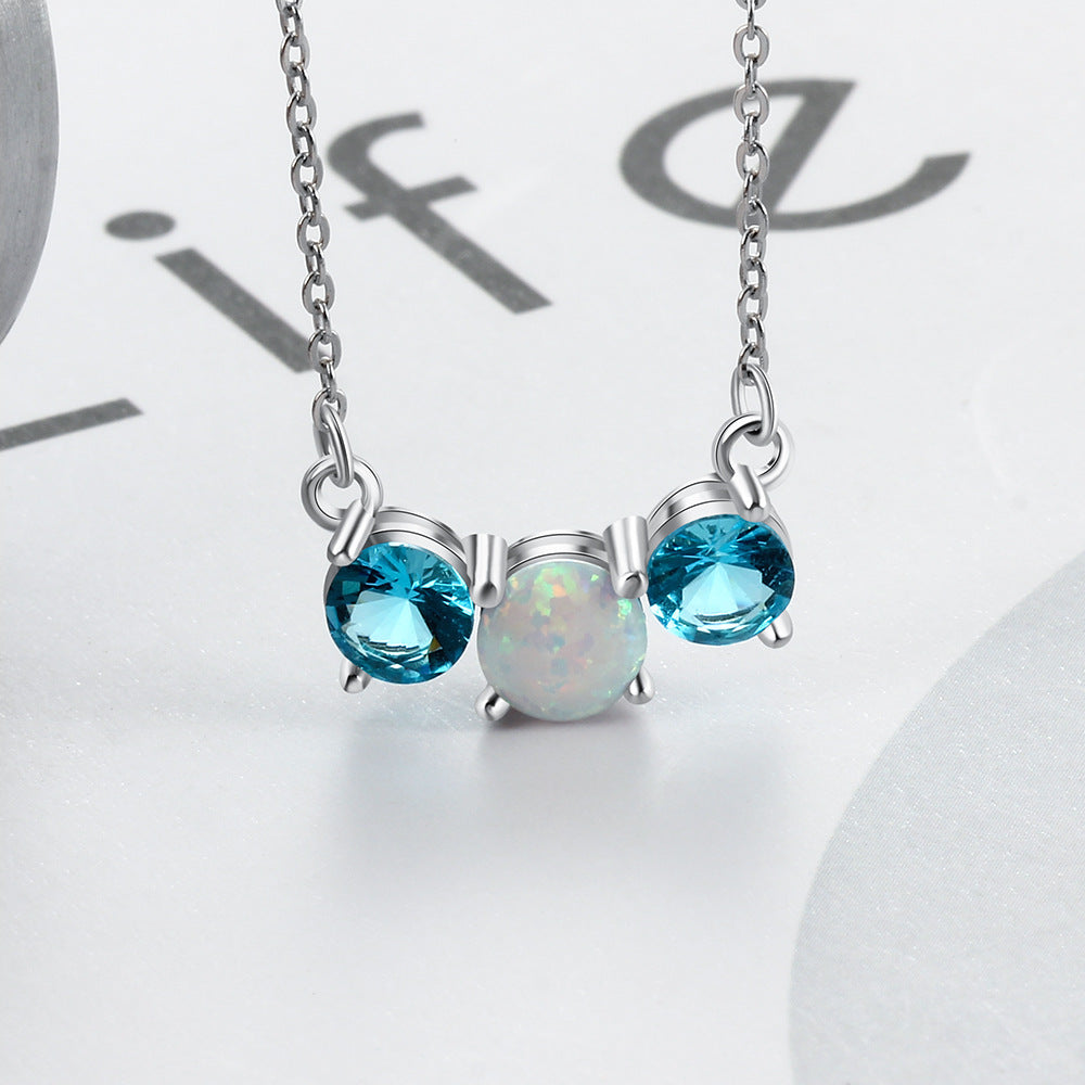 Round Opal Two Blue Zircon Sterling Silver Necklace