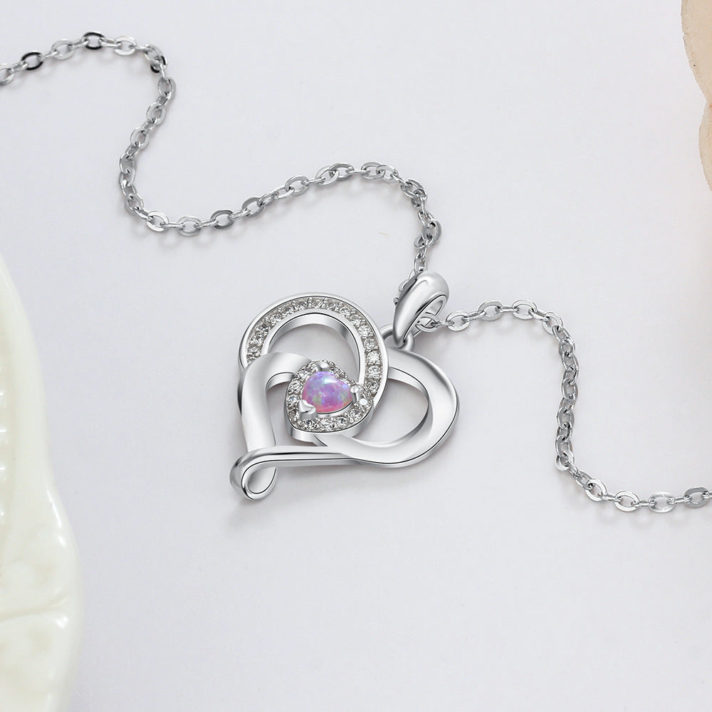 Spiral Heart Pendant with Pink Heart Shape Opal Zircon Sterling Silver Necklace