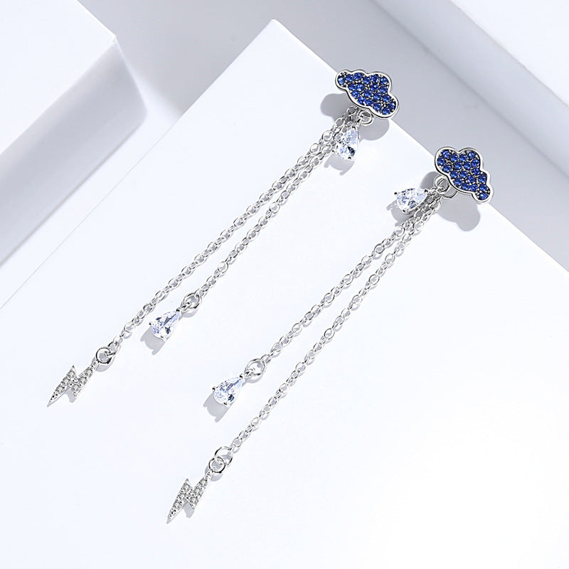 Two Wearing Design with Blue Zircon Long Tassels Silver Drop Earrings  for Women