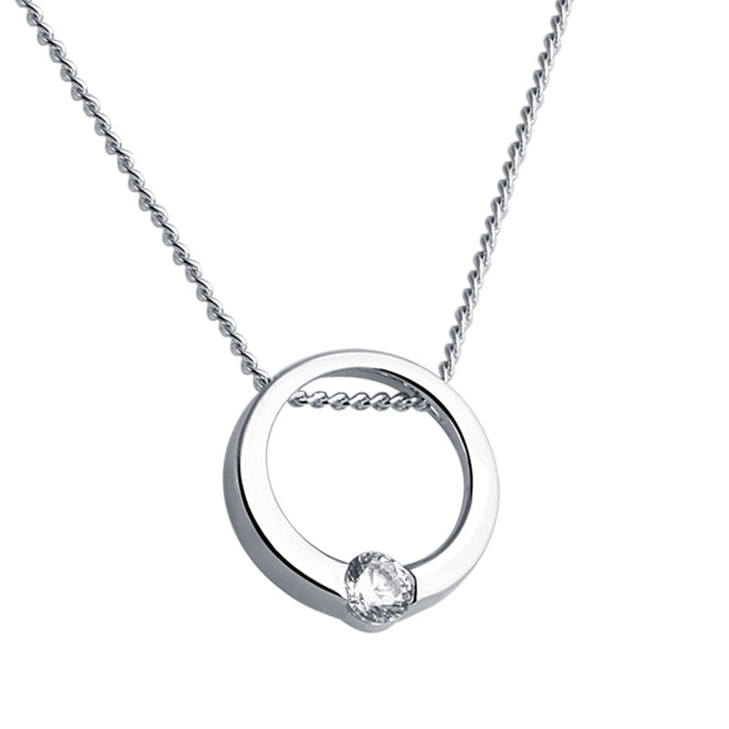 Round Zircon Hollow Circle Pendant Silver Necklace for Women