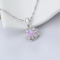 Pink Round Opal Four Leaf Clover Zircon Sterling Silver Necklace