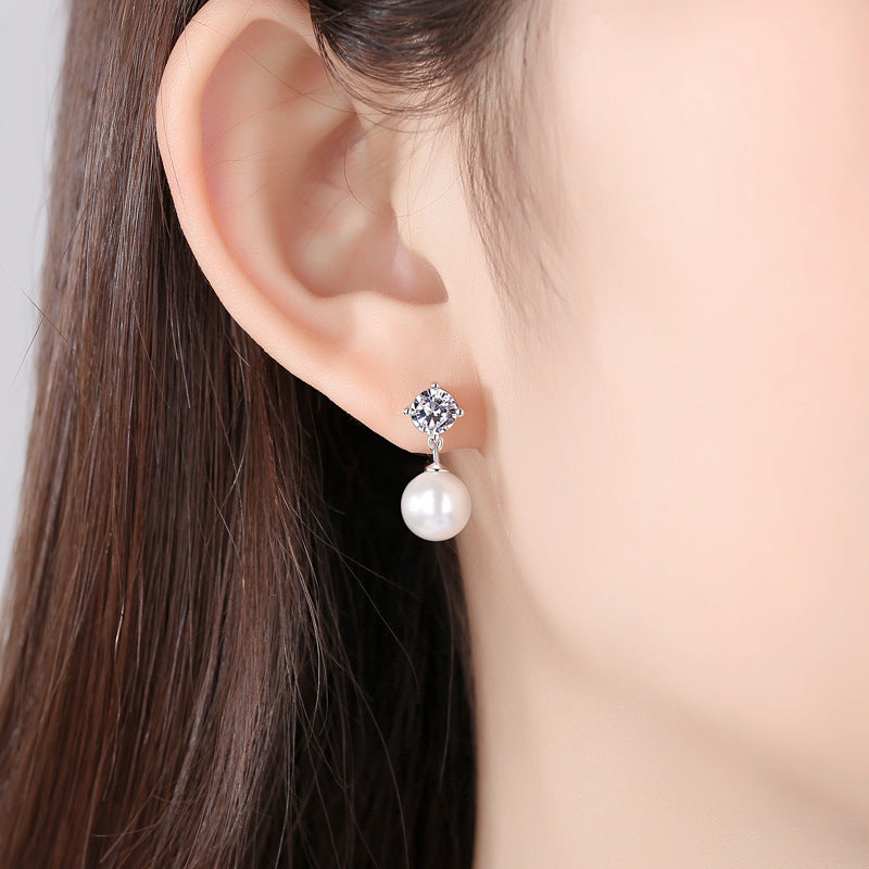 Pearl Bead Pendant with Zircon Silver Drop Earrings for Women