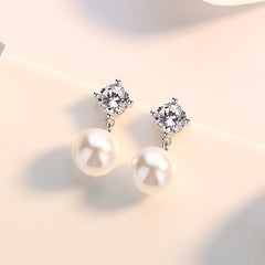 Pearl Bead Pendant with Zircon Silver Drop Earrings for Women