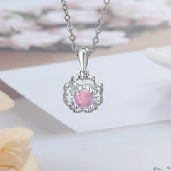 Pink Round Opal Four Leaf Clover Zircon Sterling Silver Necklace