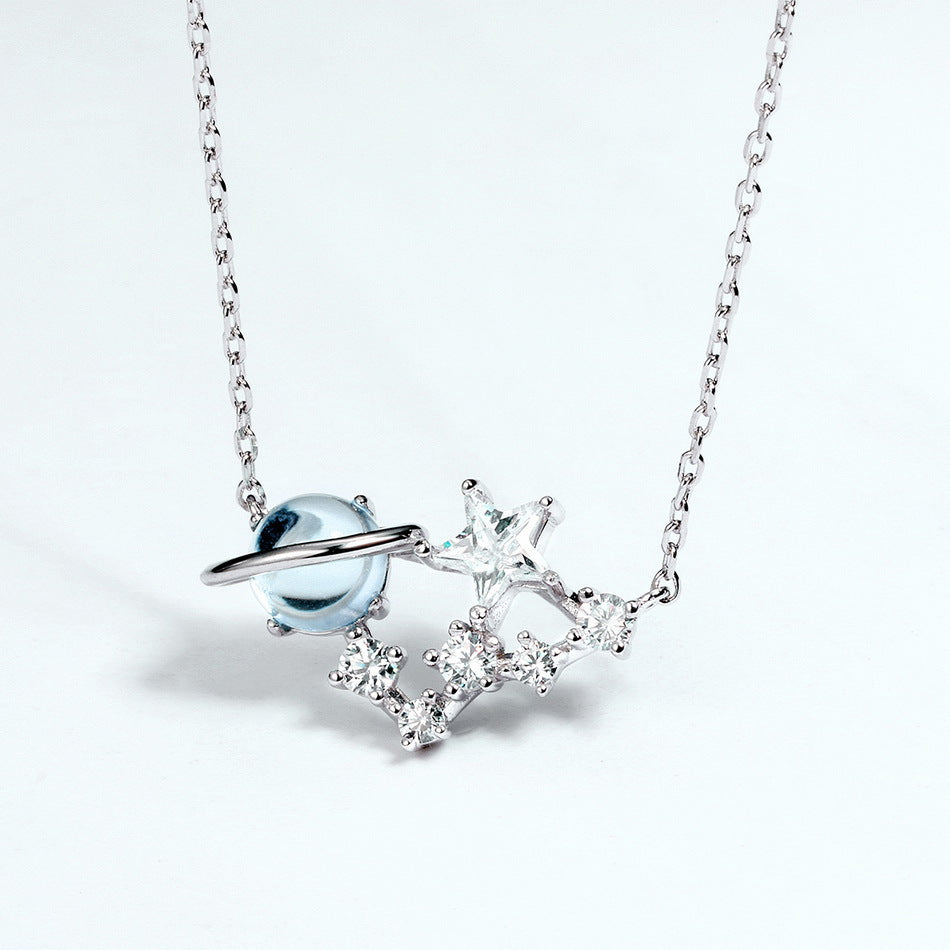 Round Blue Topaz Planet Zircon Stars Sterling Silver Necklace