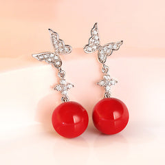 Zircon Butterfly Tassel Red Bead Silver Drop Earrings for Women