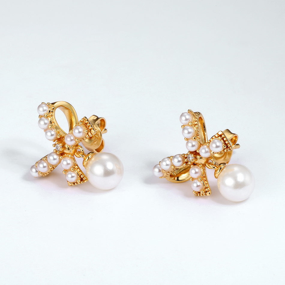 Pearl Bowknot Sterling Silver Drop Earrings