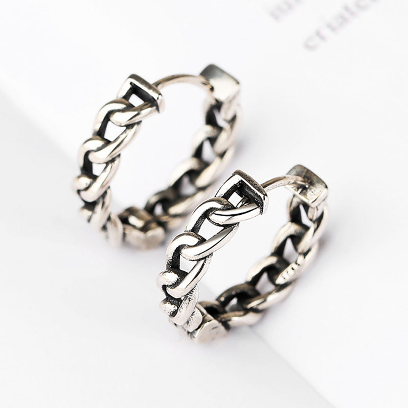 Vintage Twist Chain Design Silver Hoop Earrings for Women