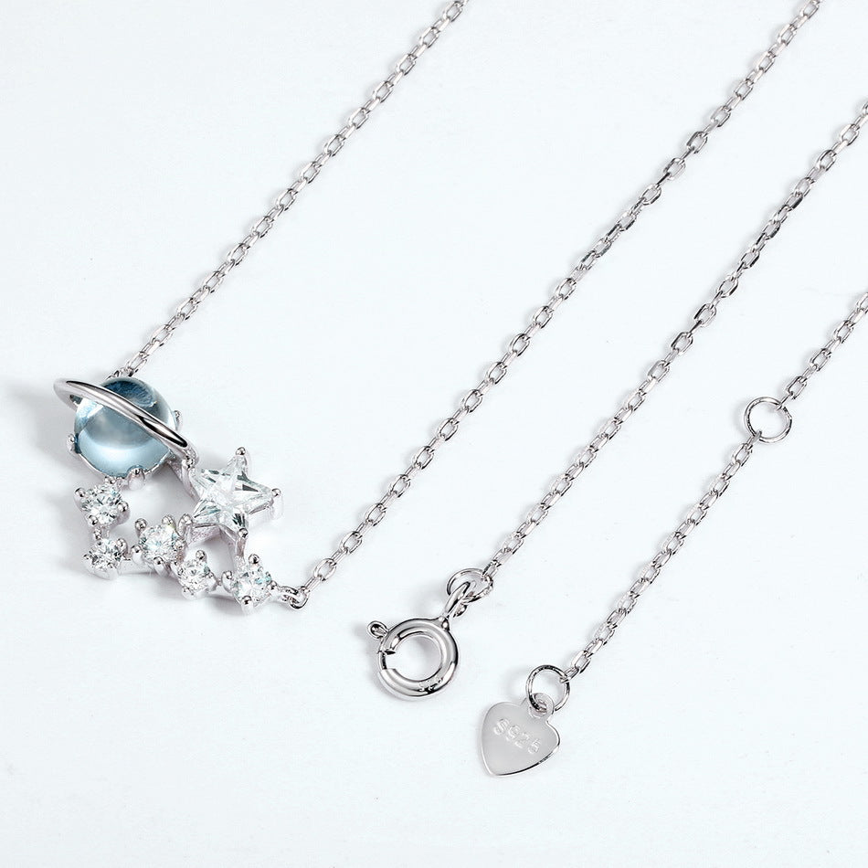 Round Blue Topaz Planet Zircon Stars Sterling Silver Necklace