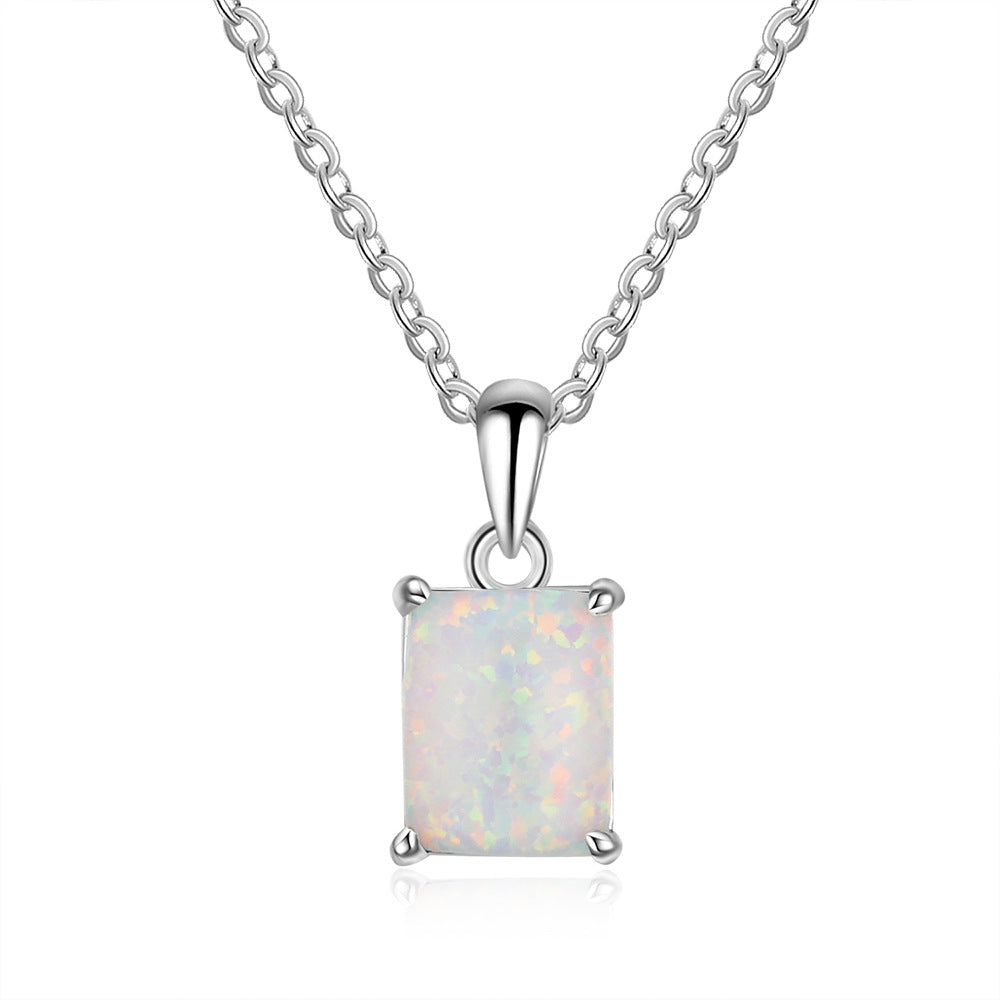 Solitaire Rectangle Opal Sterling Silver Necklace