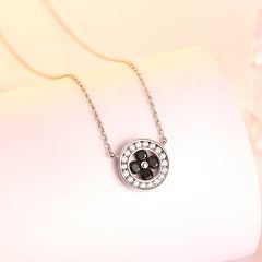 Black Zircon Four-leaf Clover Circle Pendant Silver Necklace for Women