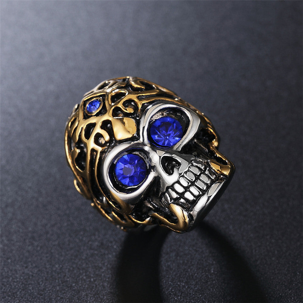 Halloween Golden Wukong Skull Zircon Titanium Steel Ring for Men