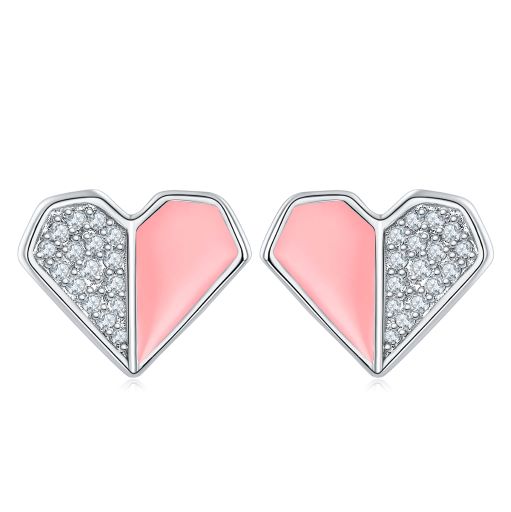 Pink Enamel Heart Silver Stud Earrings