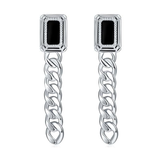 Silver Link Chain Enamel Earrings for Women
