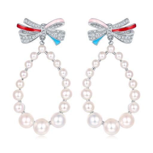 Bowknot and Pearl Enamel Drop Earrings