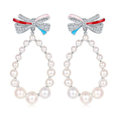 Bowknot and Pearl Enamel Drop Earrings