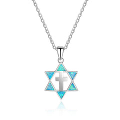 Blue Opal Hexagonal Star Cross Sterling Silver Necklace