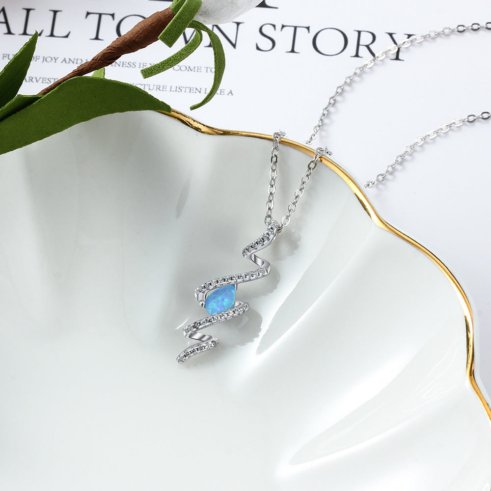 Pear Shape Blue Opal Zircon Wavy Sterling Silver Necklace