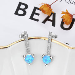 Blue Round Opal Pendant with Zircon Strip Sterling Silver Drop Earrings