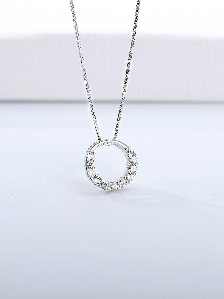 Half Zircon Circle Pendant Silver Necklace for Women