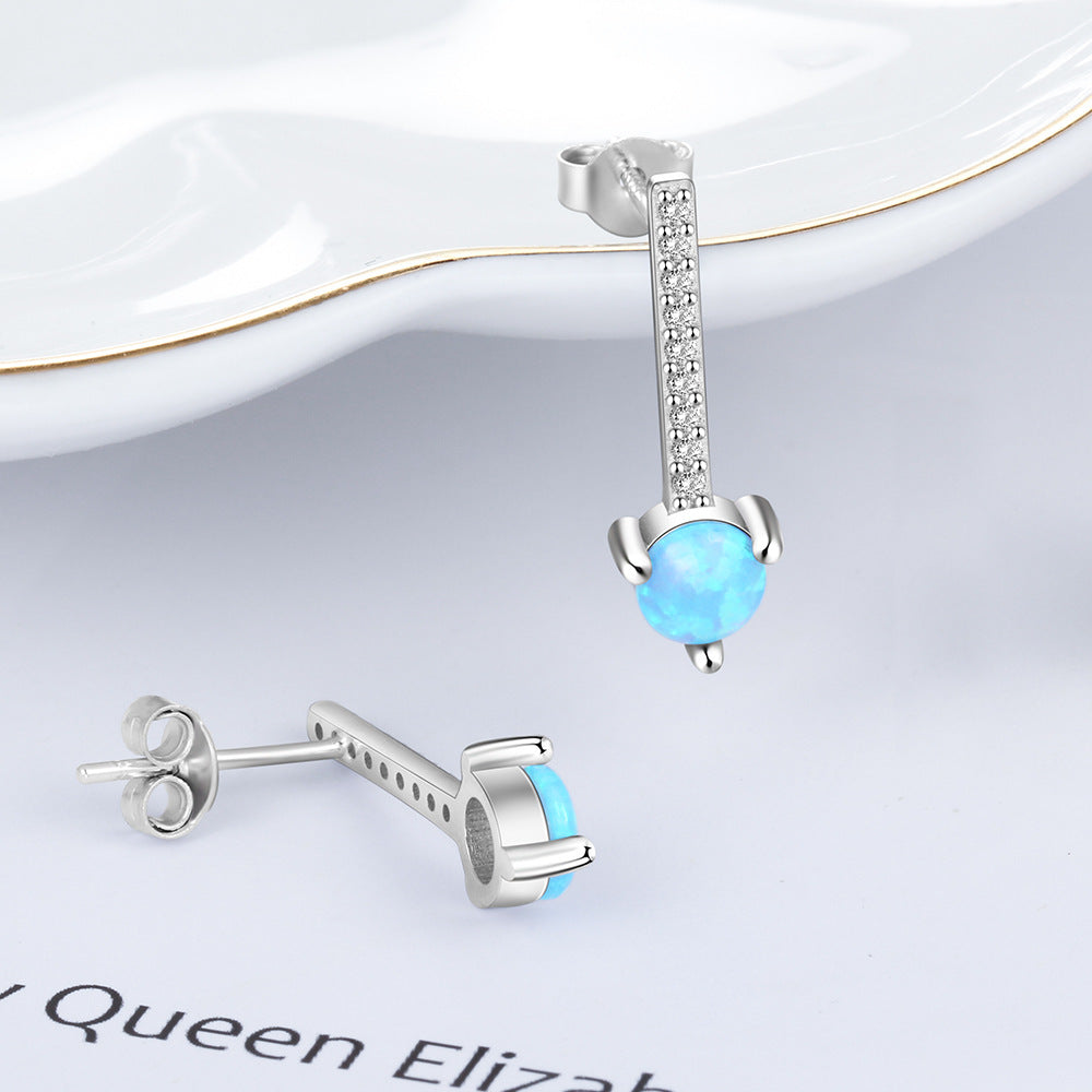 Blue Round Opal Pendant with Zircon Strip Sterling Silver Drop Earrings