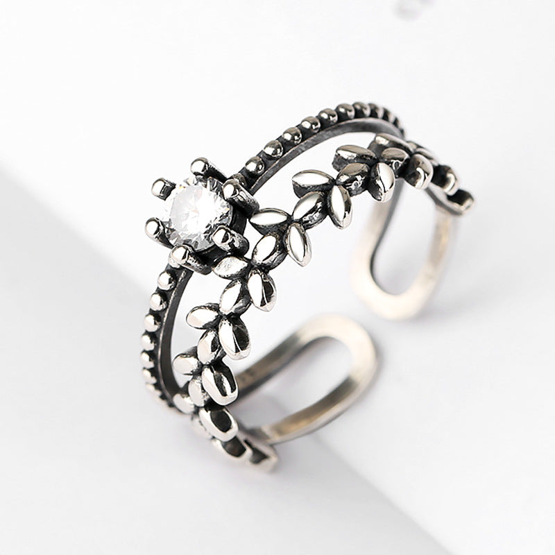 Retro Leaves with Zircon Double-layer Silver Ring