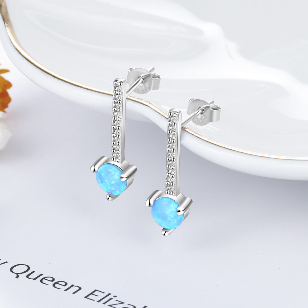 Blue Round Opal Pendant with Zircon Strip Sterling Silver Drop Earrings