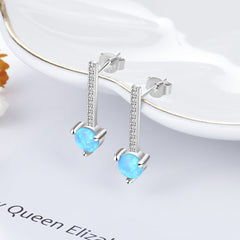 Blue Round Opal Pendant with Zircon Strip Sterling Silver Drop Earrings