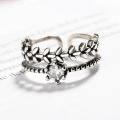 Retro Leaves with Zircon Double-layer Silver Ring