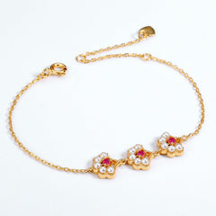 Red Corundum Pearl Ginkgo Leaf Sterling Silver Bracelet