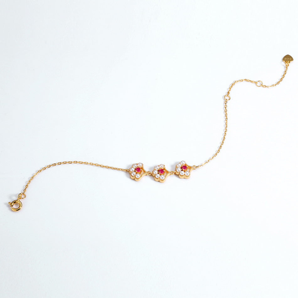 Red Corundum Pearl Ginkgo Leaf Sterling Silver Bracelet