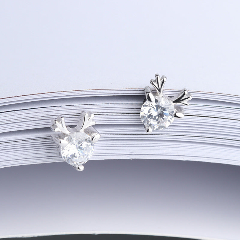 Round Zircon Antler Silver Studs Earrings for Women