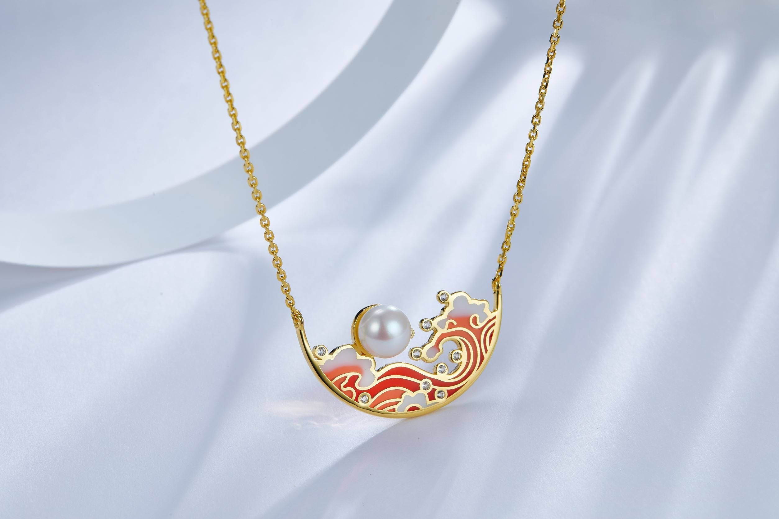 Enamel Tide Pearl Semicircle Necklace