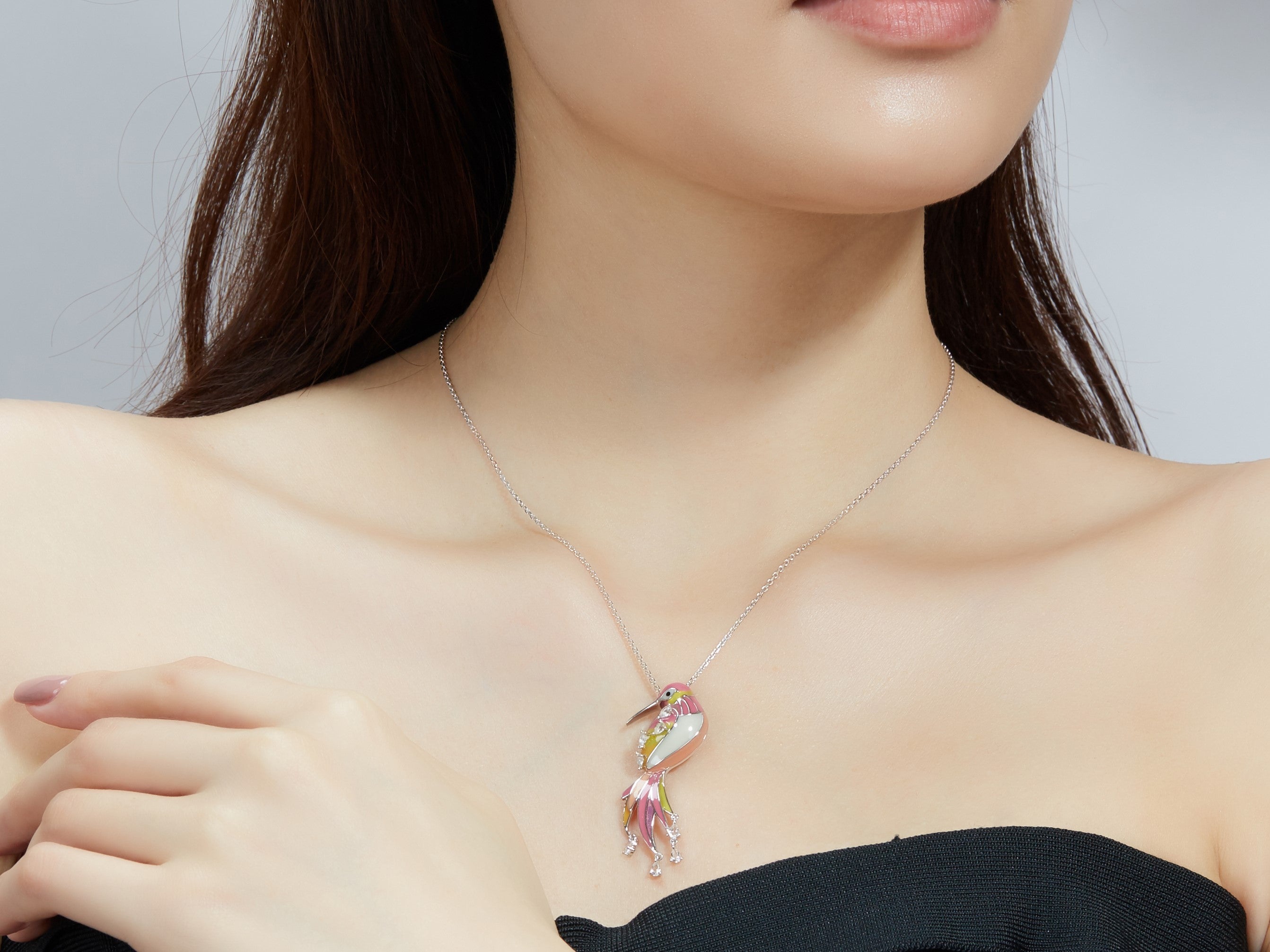 Rosefinch Pink Enamel Silver Necklace