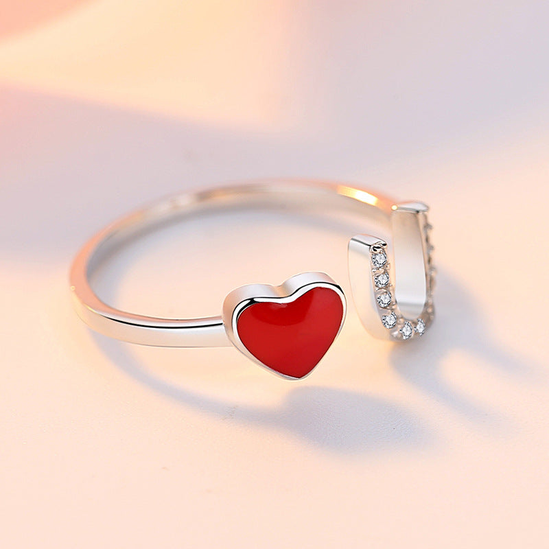 U-shape Zircon with Red Heart Silver Ring