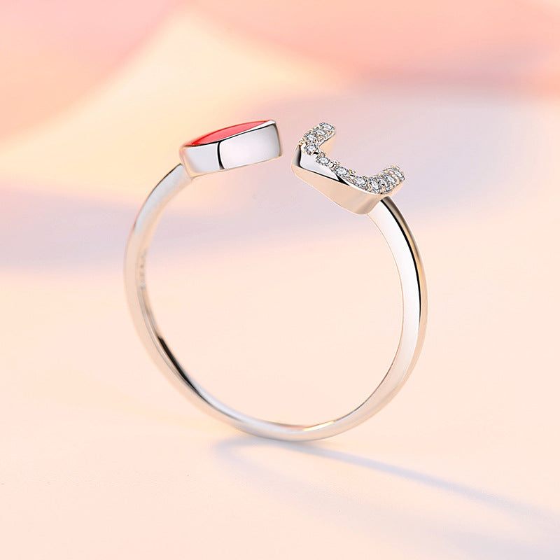 U-shape Zircon with Red Heart Silver Ring