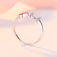 U-shape Zircon with Red Heart Silver Ring