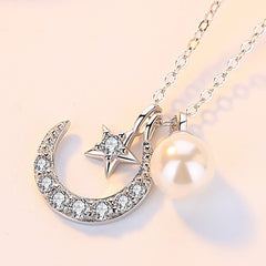 Zircon Star Moon with Pearl Silver Necklace for Women