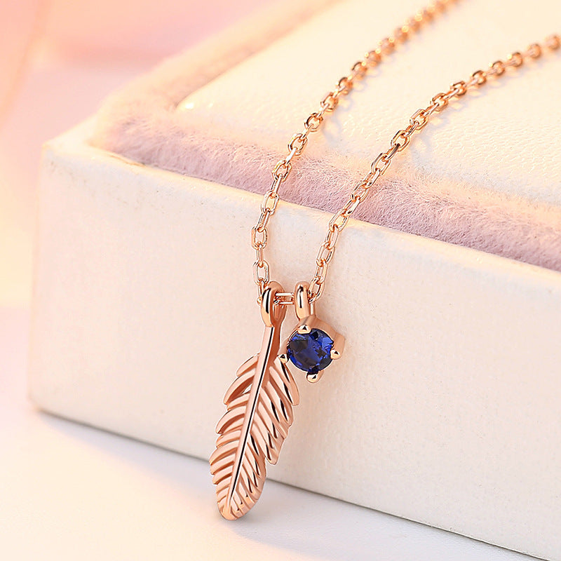 Leaf with Blue Zircon Silver Necklace for Women