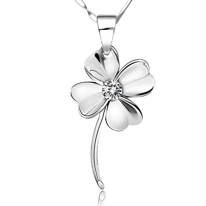 (Pendant Only) Four Leaf Clover with Zircon Silver Pendant for Women